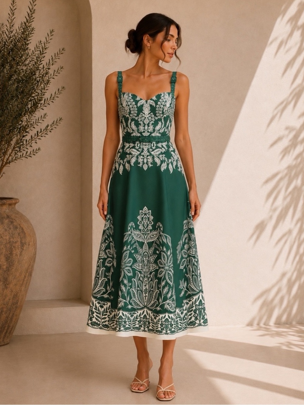 Commense Baroque Floral Print Belted Cami Maxi Dress